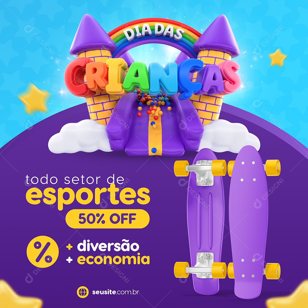 Dia Das Crianças Todo setor de Esportes 50% Off Diversão e Economia Social Media PSD Editável