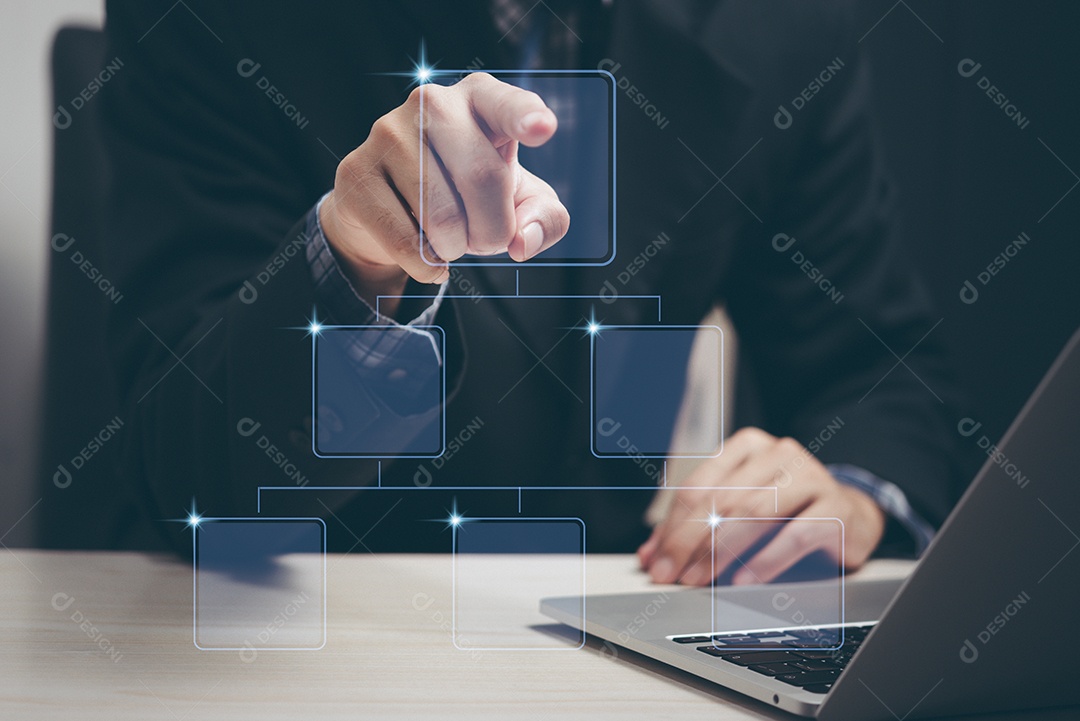 Gráfico de trabalho em equipe do fluxograma do consultor de computação de tela do empresário.