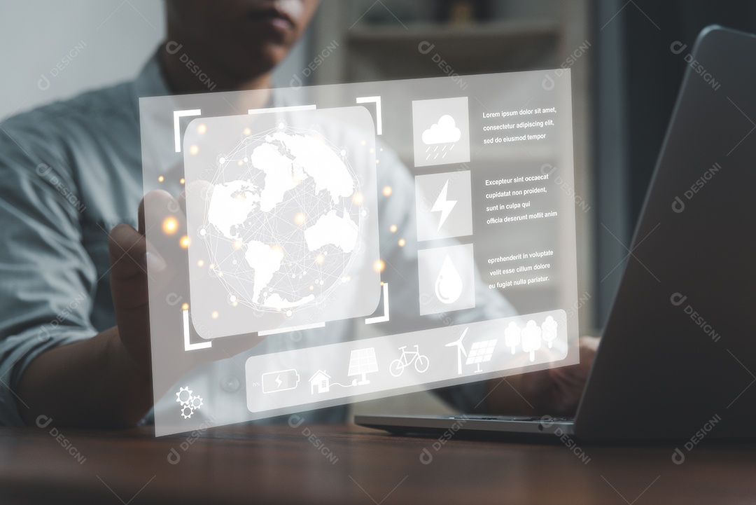 Empresário tocando a tela virtual ícone eco energia sustentável conceito de tecnologia digital de ambiente.