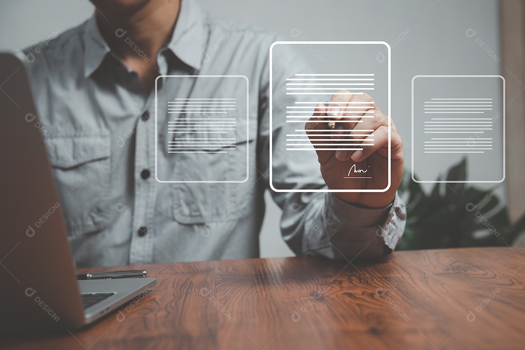 Conceito de gerenciamento eletrônico on-line de contrato inteligente de assinatura digital de documento digital.