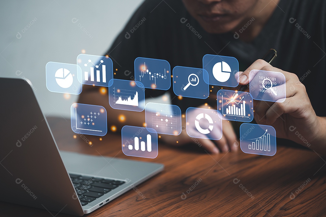 Conceito de negócios de inteligência BI de análise de big data com ícones de gráfico.