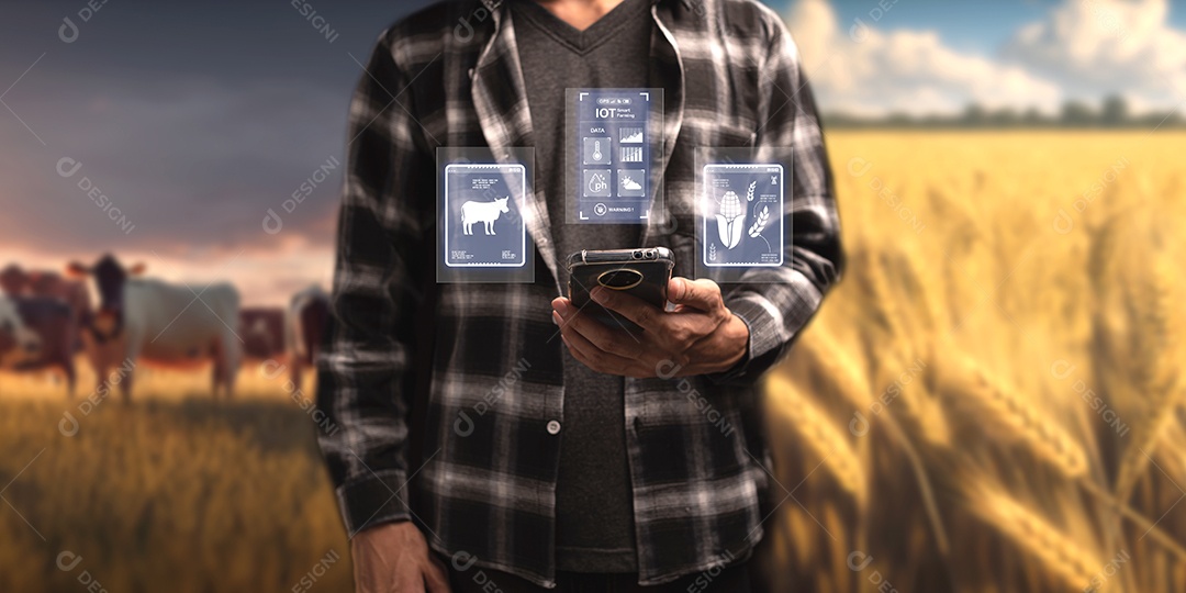 Fazenda inteligente moderna, controlada por tecnologia Os agricultores