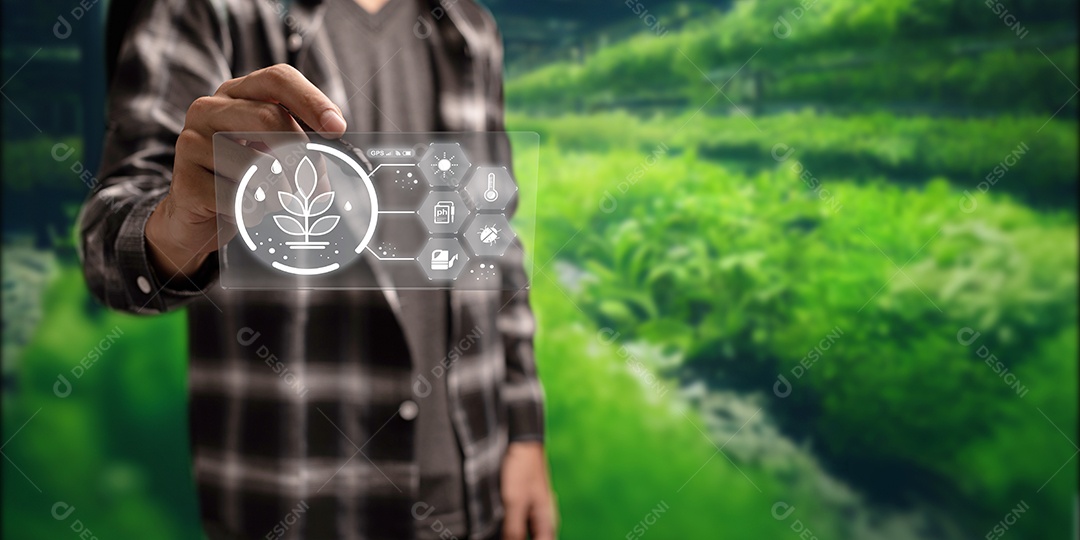 Fazenda inteligente moderna, controlada por tecnologia Os agricultores