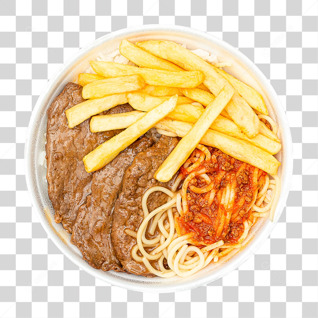 Marmita Típica Bife Batata e Macarrão com Arroz e Feijão PNG Transparente