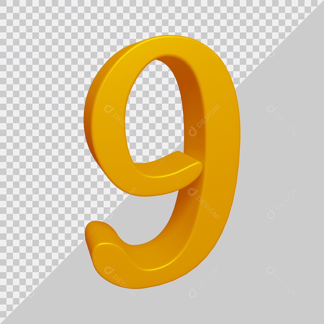 Número 3D 9 Dourado Para composição PSD