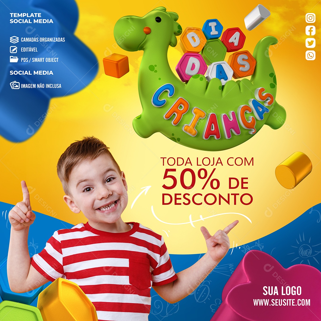 Toda Loja com 50% de Desconto Dia Das Crianças Social Media PSD Editável