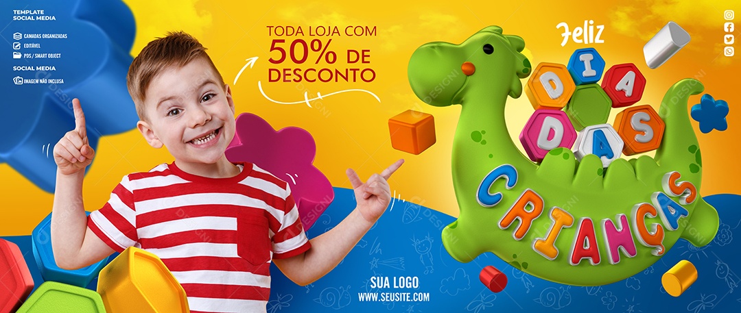 Banner Toda Loja com 50% de Desconto Dia Das Crianças Social Media PSD Editável