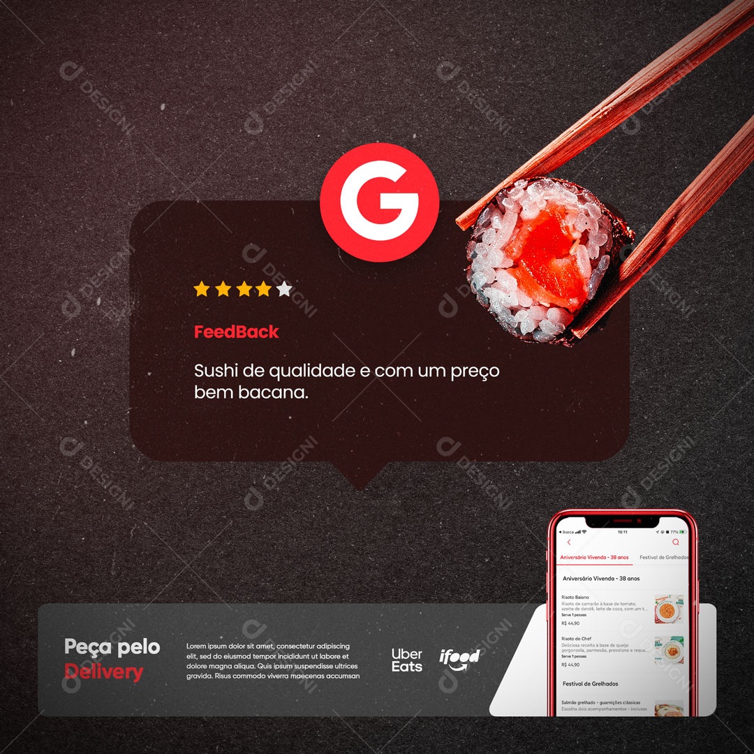 Social Media Feedback Restaurante Comida Japonesa Sushi Entregamos Delivery Social Media PSD Editável
