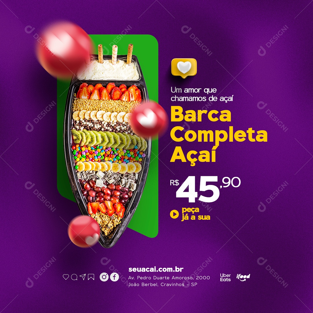 Um Amor que Chamamos de Açaí Barca Completa Açaiteria Social Media PSD Editável