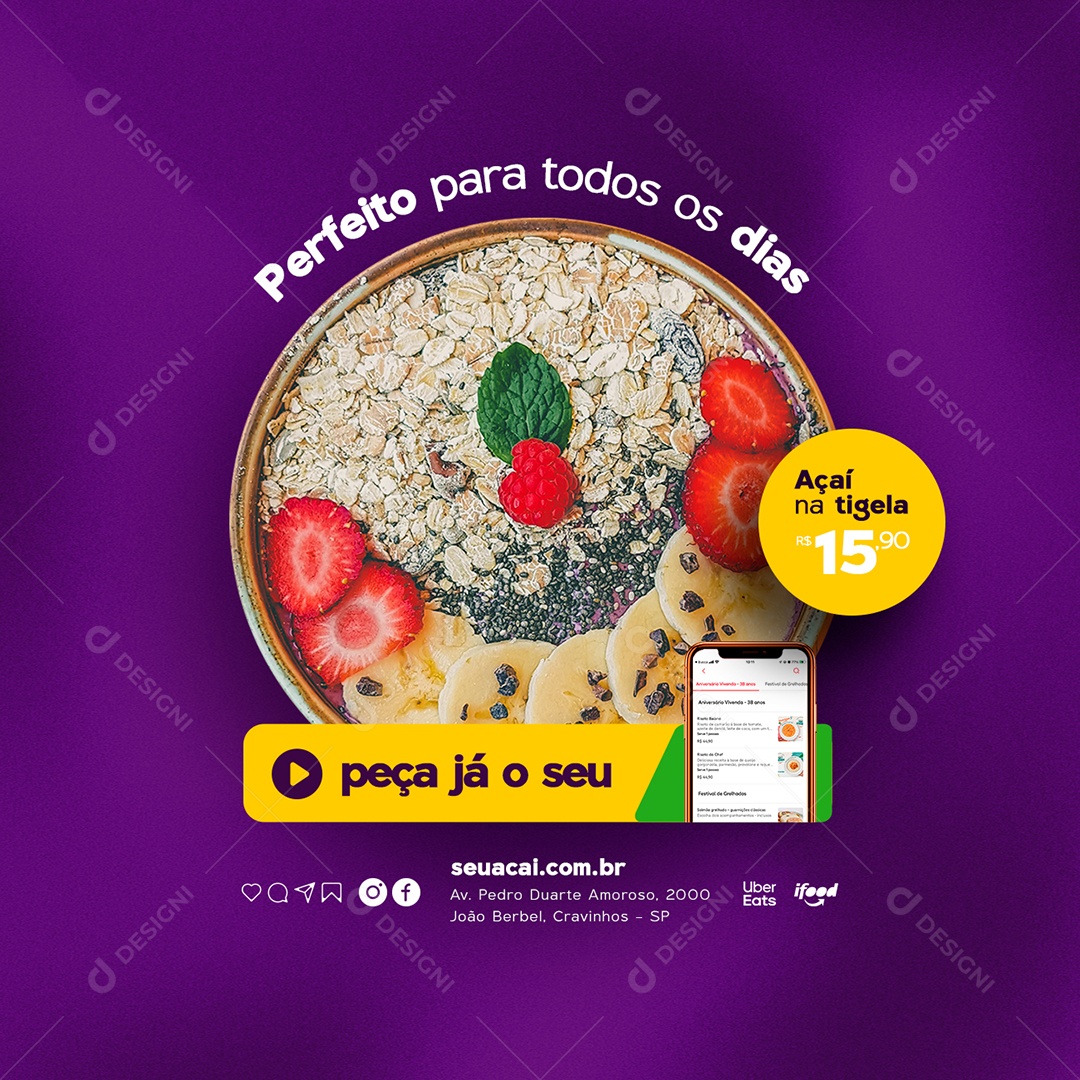 Perfeito para todos os Dias Açaí na Tigela Açaiteria Social Media PSD Editável