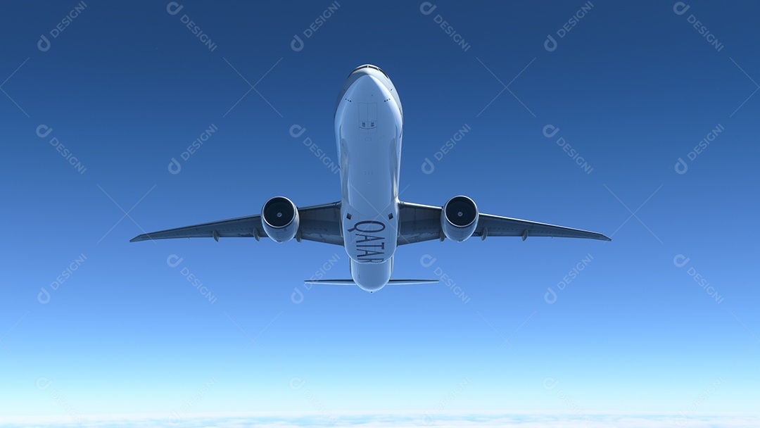 Boeing 777 Qatar Airways voando sobre o céu azul