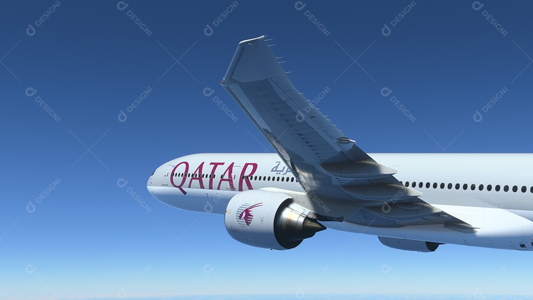 Boeing 777 Qatar Airways voando sobre o céu azul