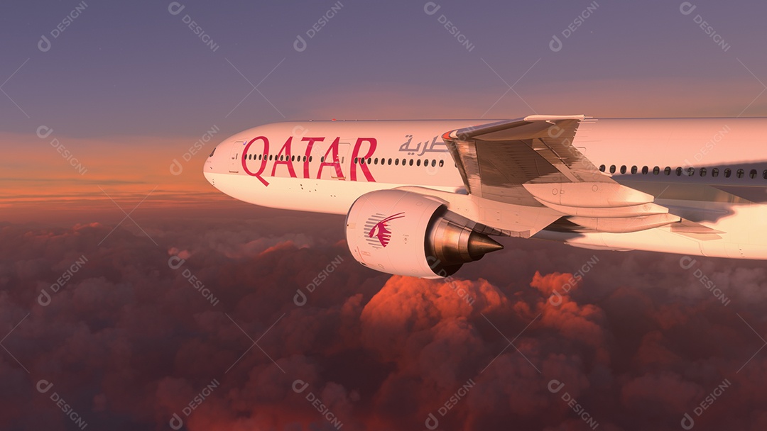 Boeing 777 Qatar Airways voando sobre o incrível pôr do sol