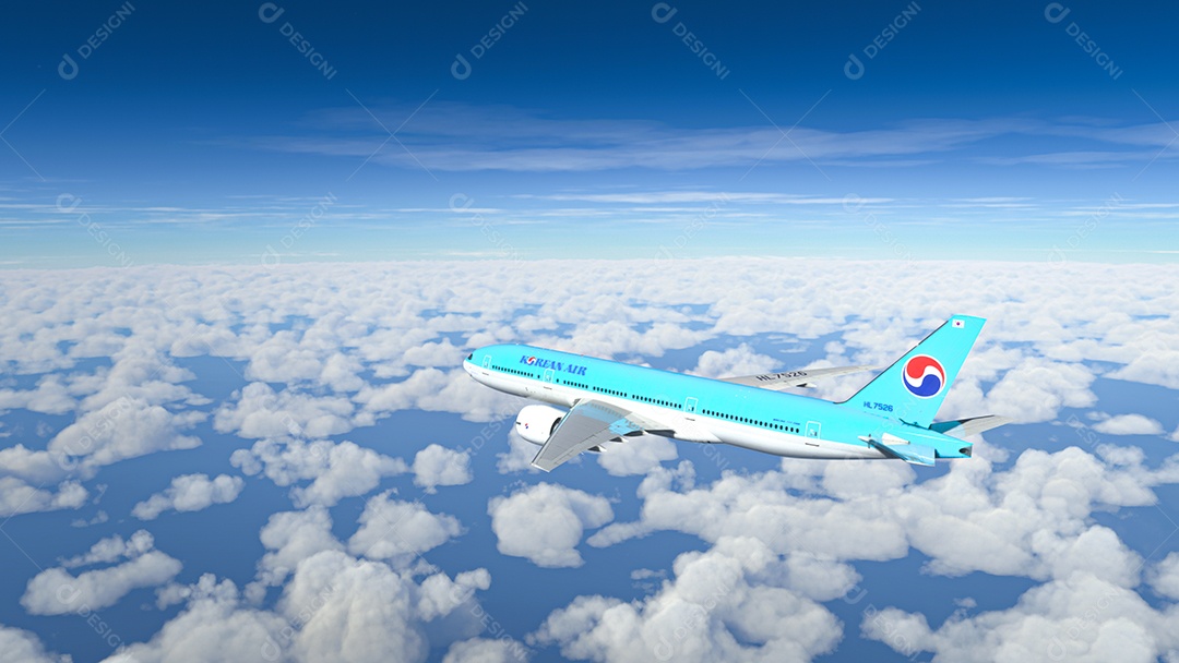 Boeing 777 Korean Air voando sobre o céu azul