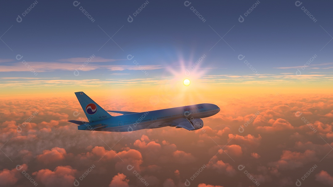 Boeing 777 Korean Air voando sobre o céu azul