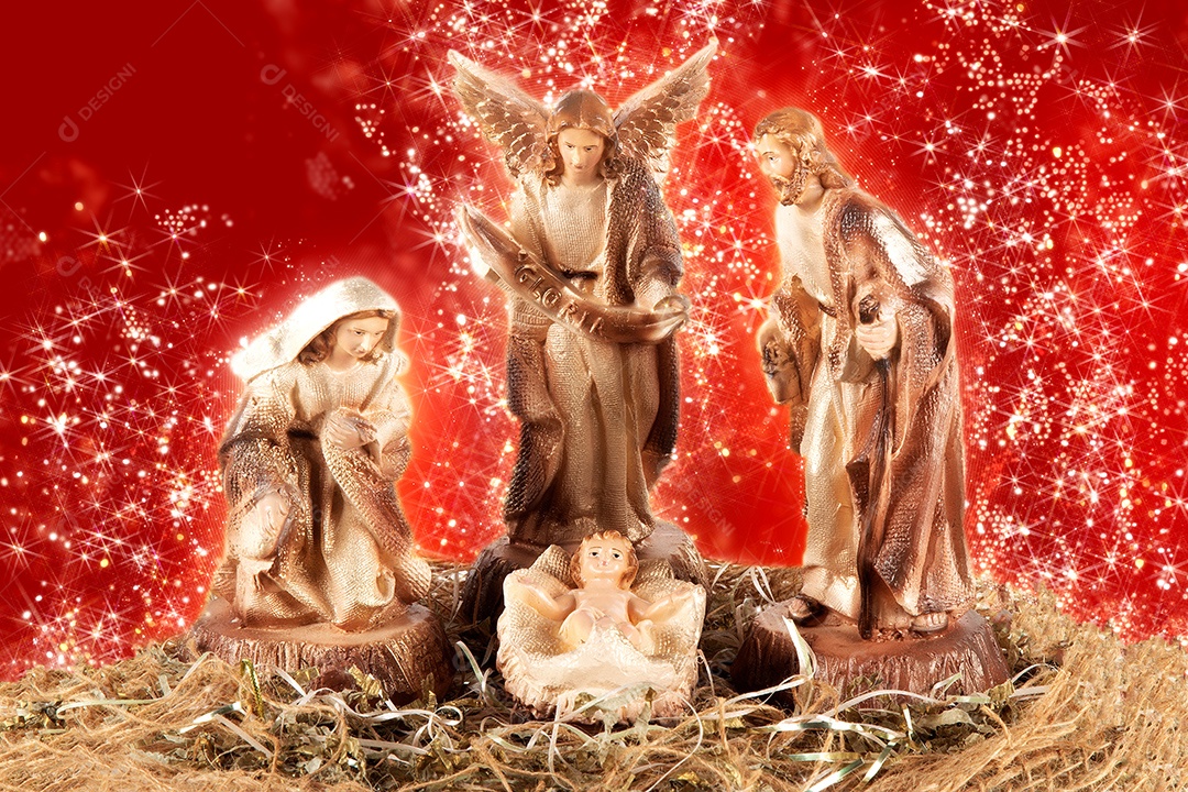 Presépio. Cena tradicional de Natal com fundo vermelho.
