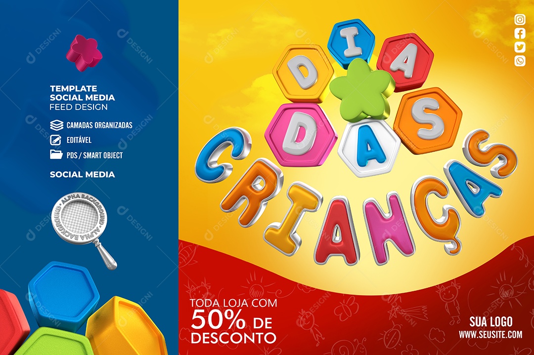Dia Das Crianças Toda Loja com 50% de Desconto Social Media PSD Editável