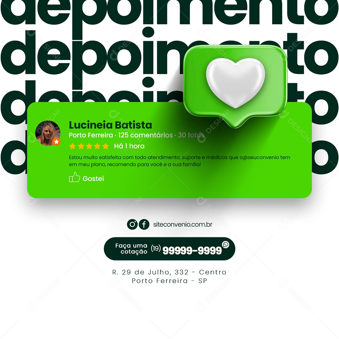Depoimento Estou Muito Satisfeita Convênio Médico ou Plano de Saúde Social Media PSD Editável