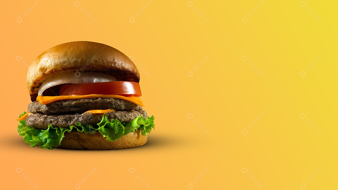 Hamburguer propaganda em fundo amarelo.
