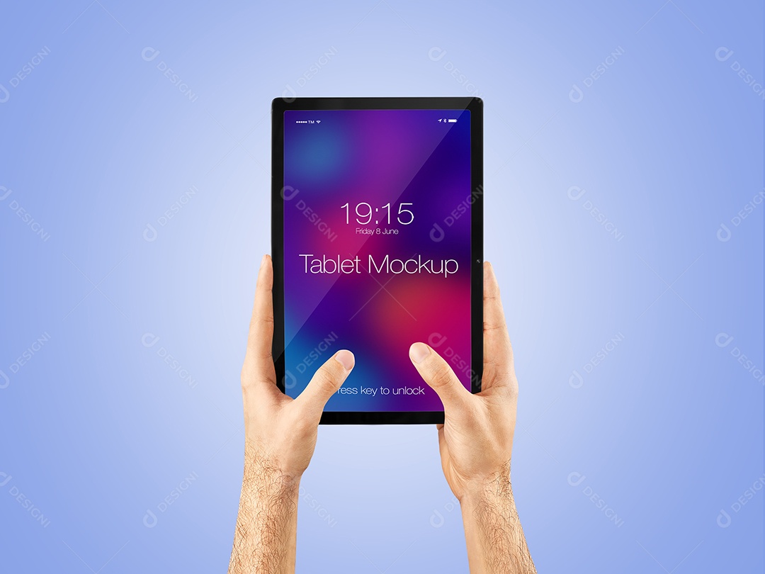 Tablet Mockup na Mão Vertical Dedo Tela PSD