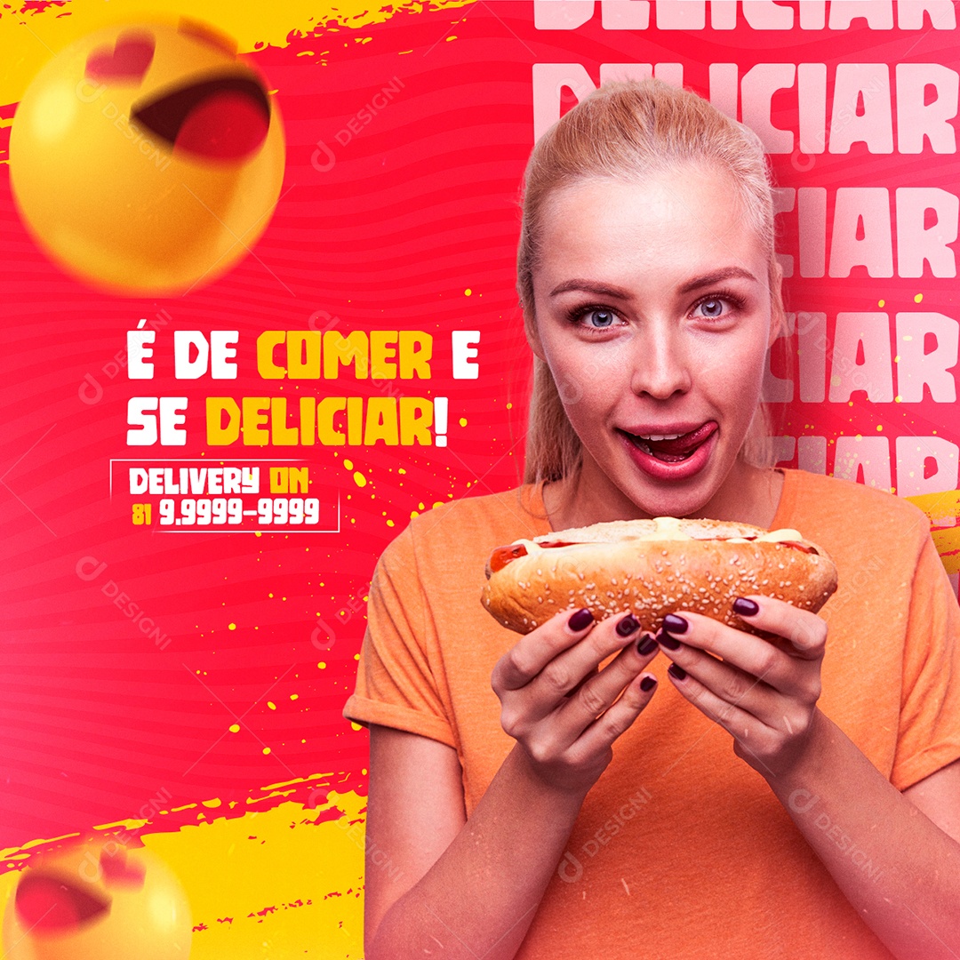 É de Comer e se Deliciar Delivery On Cachorro Quente Social Media PSD Editável
