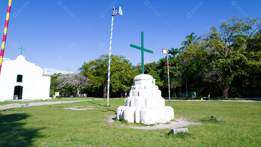 Vista aérea de Trancoso, Porto Seguro, Bahia, Brasil. Pequena capela no centro histórico de Trancoso