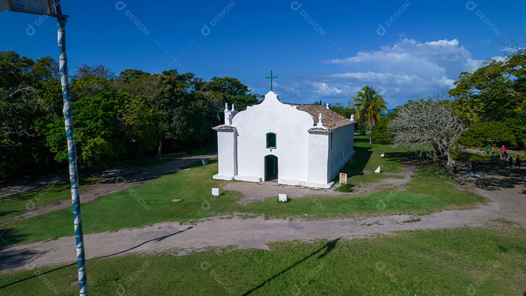 Vista aérea de Trancoso, Porto Seguro, Bahia, Brasil. Pequena capela no centro histórico de Trancoso