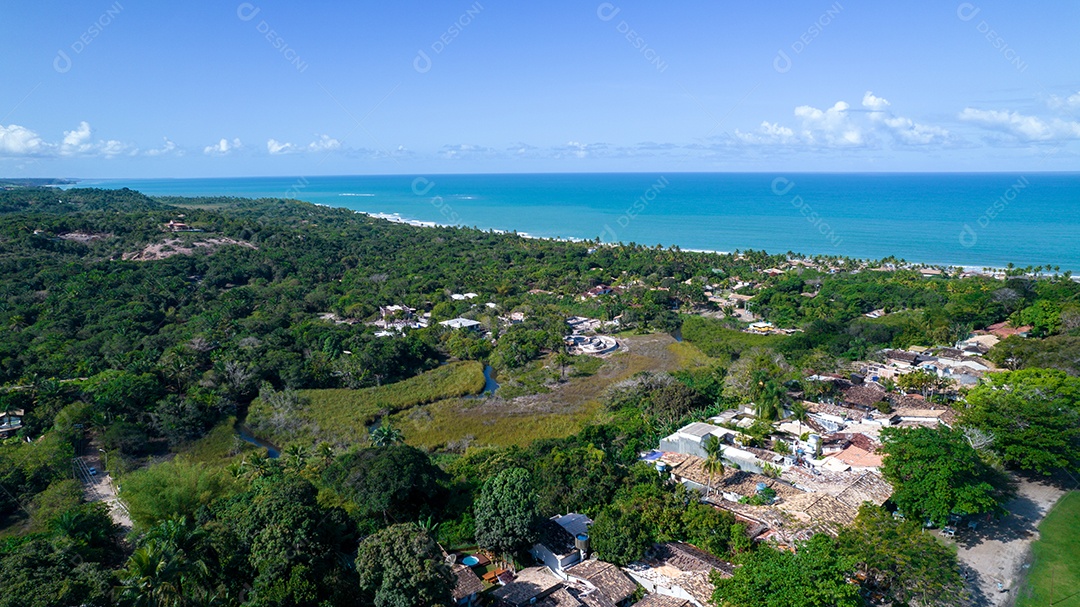 Vista aérea de Trancoso, Porto Seguro, Bahia, Brasil. Pequena capela no centro histórico de Trancoso