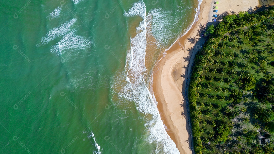 Aerial view of Caraiva beach, Porto Seguro, Bahia, Brazil. Colorful beach tents, sea and river.