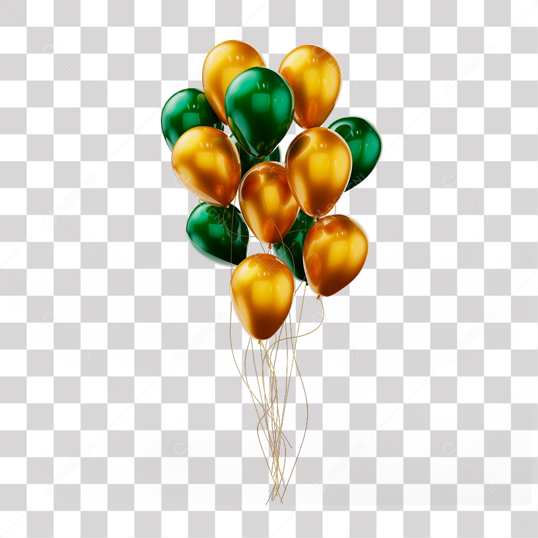 Elemento 3D Balões Dourados e Verdes Amarrados Em Linhas PNG Transparente