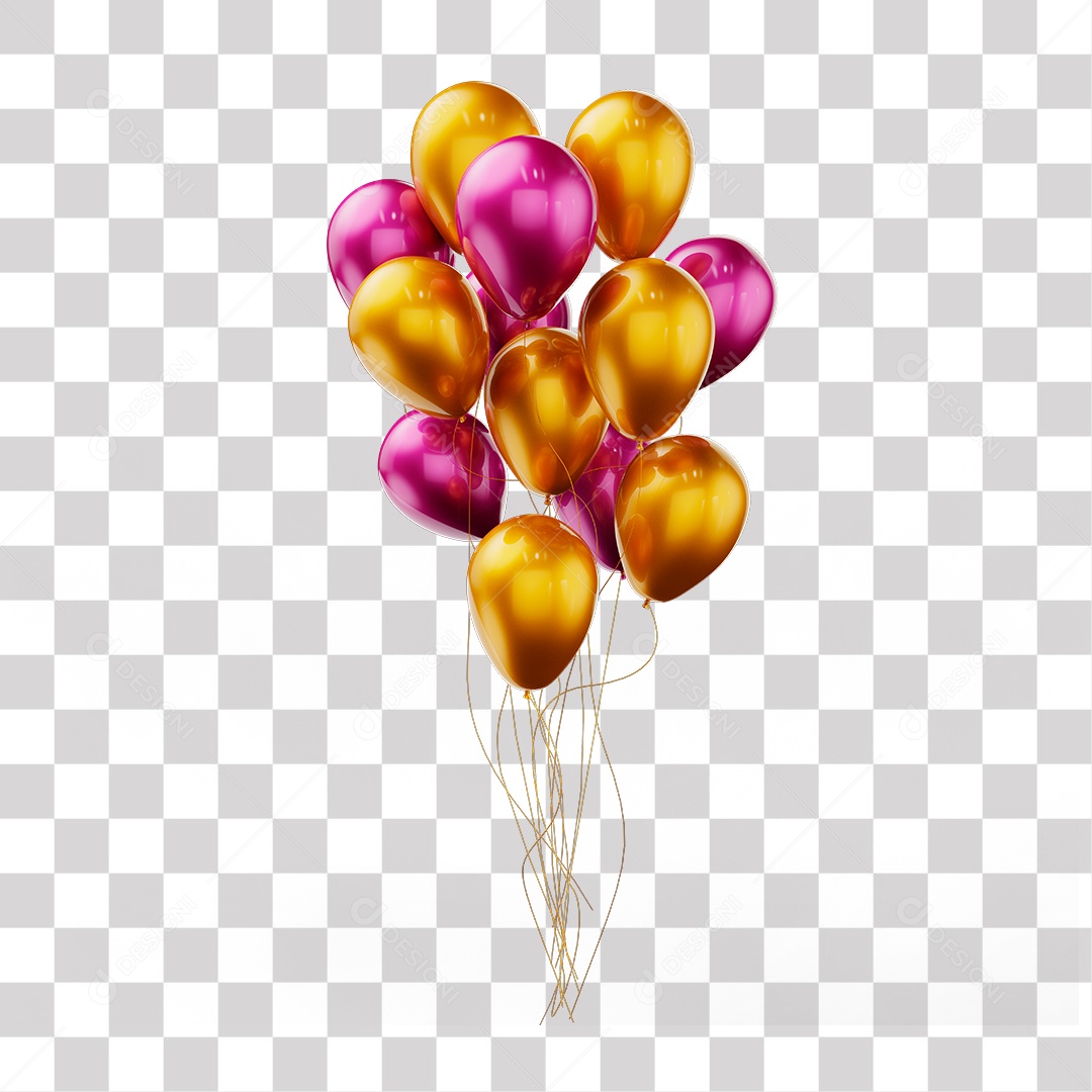 Elemento 3D Balões Dourados e Rosas Amarrados Em Linhas PNG Transparente