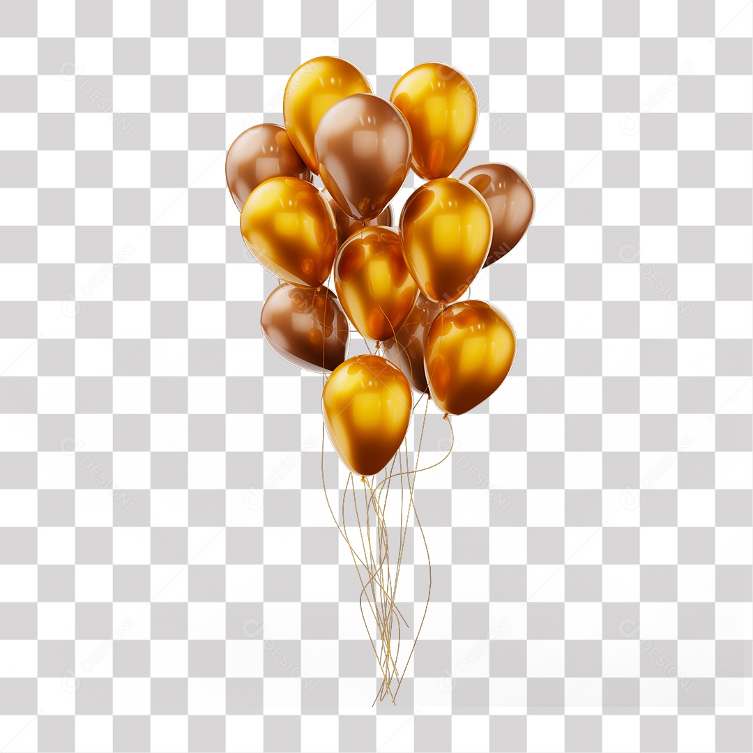 Elemento 3D Balões Dourados e Marrões Amarrados Em Linhas PNG Transparente