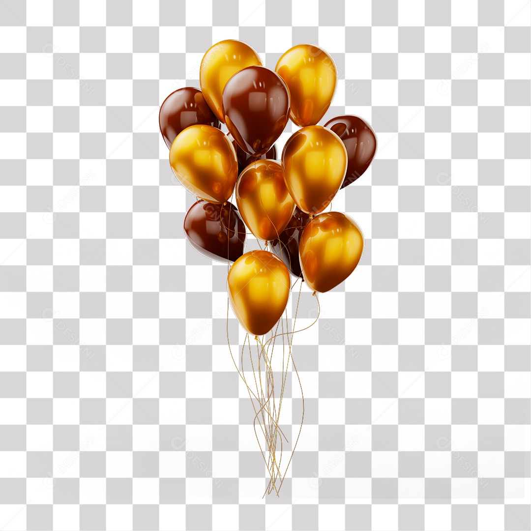 Elemento 3D Balões Dourados e Marrões Amarrados Em Linhas PNG Transparente