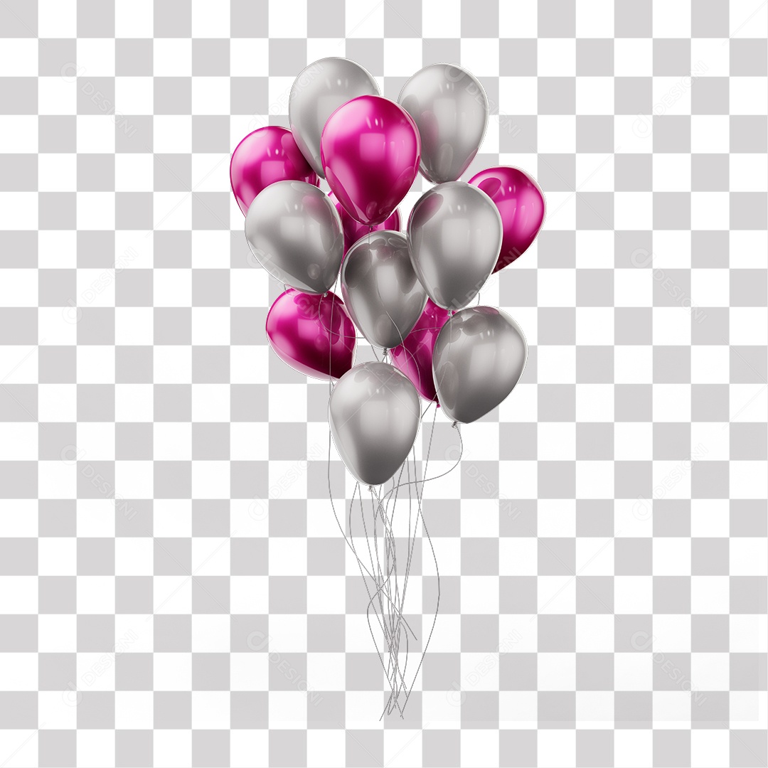 Elemento 3D Balões Cinza e Rosa Amarrados Em Linhas PNG Transparente