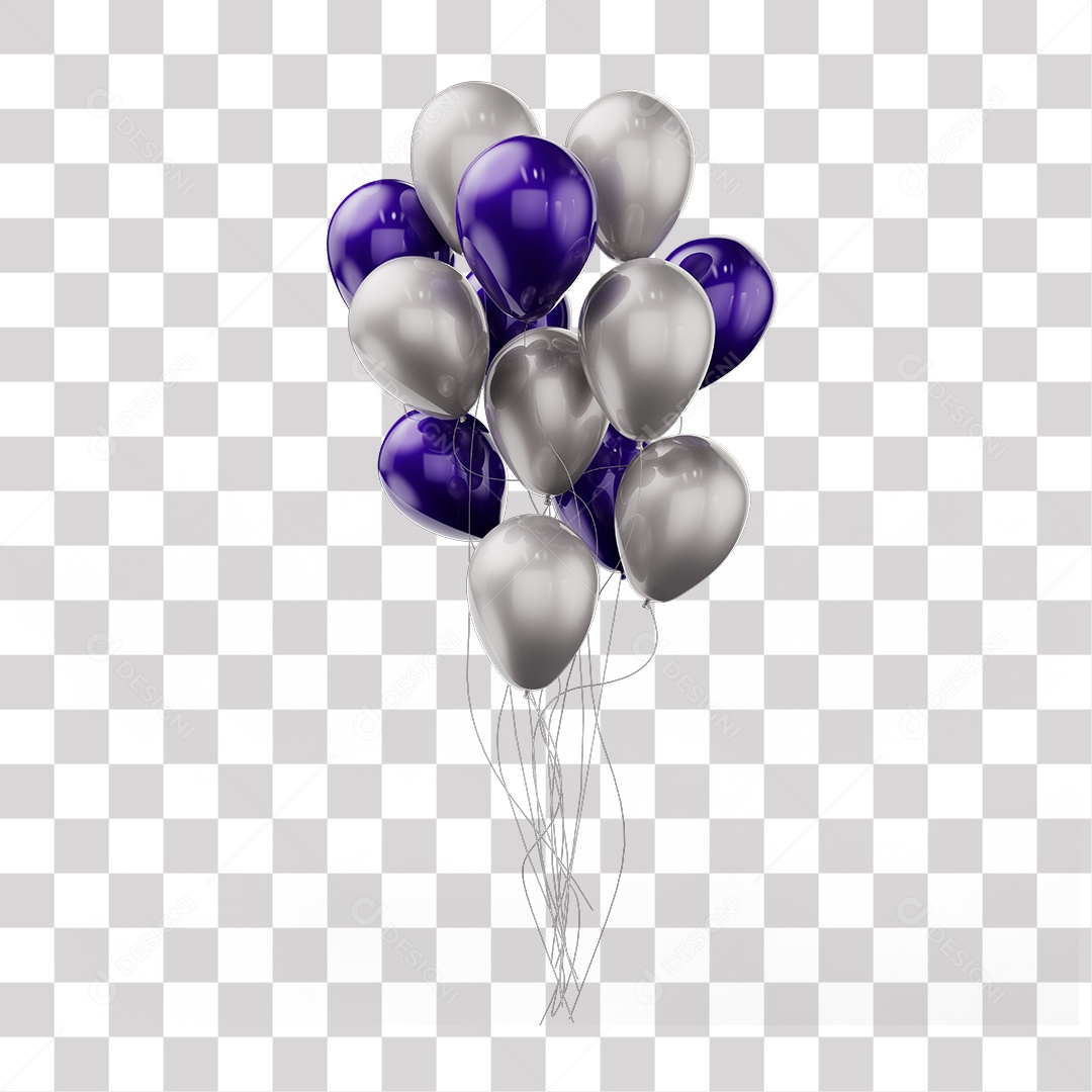 Elemento 3D Balões Cinza e Roxo Amarrados Em Linhas PNG Transparente