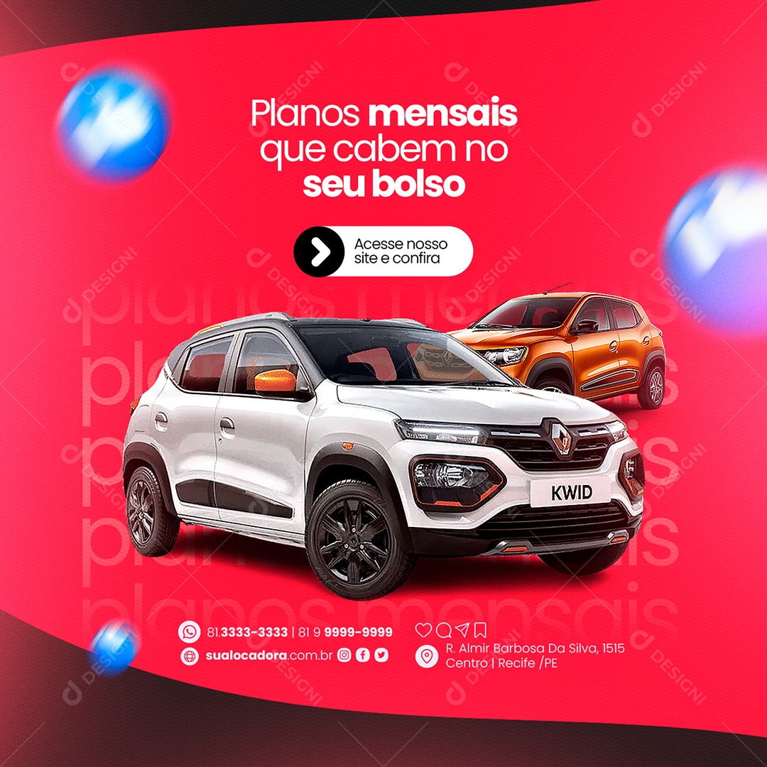 Planos Mensais que cabem no seu Bolso Locadora de Carros Social Media PSD Editável
