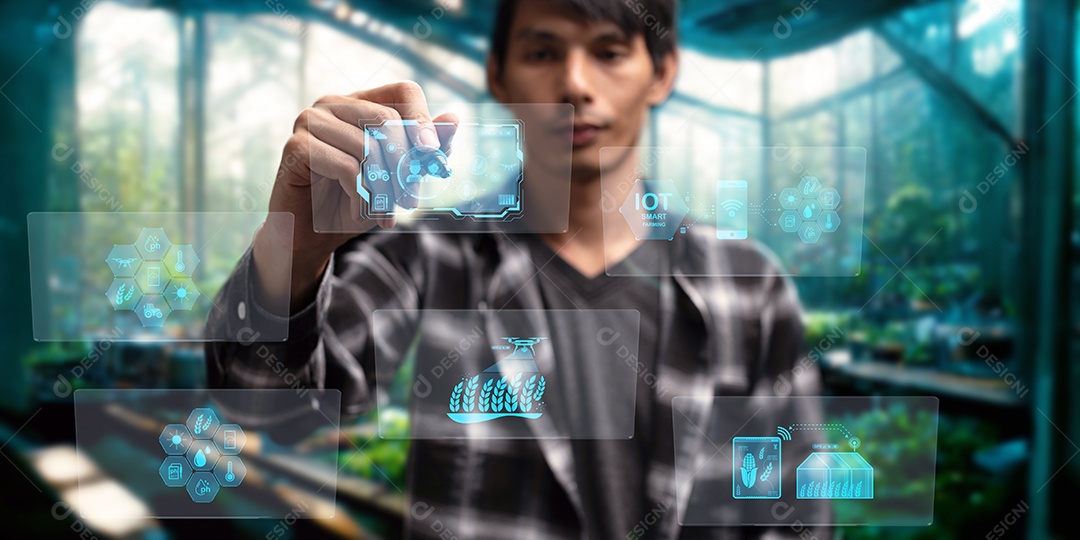 Fazenda inteligente moderna, controlada por tecnologia Os agricultores