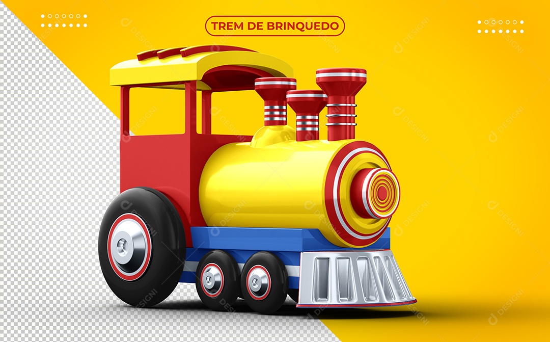 Trem Voador de Brinquedo Amarelo e Vermelho Ilustração 3D para Composição PSD