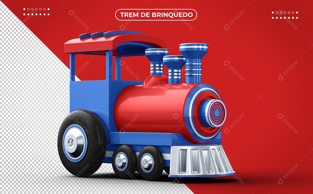 Trem Voador de Brinquedo Vermelho e Azul Ilustração 3D para Composição PSD