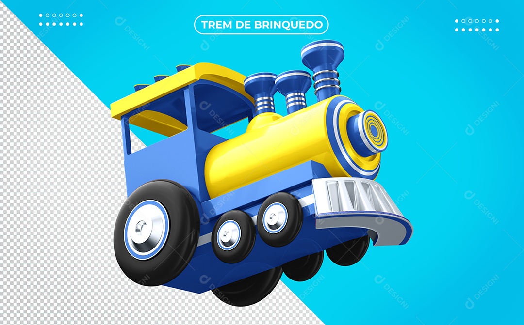 Trem Voador de Brinquedo Vermelho Azul e Amarelo Ilustração 3D para Composição PSD