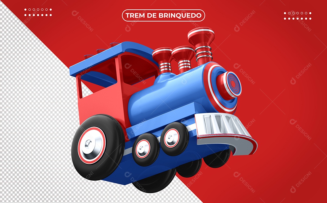 Trem de Brinquedo Vermelho e Azul Ilustração 3D para Composição PSD