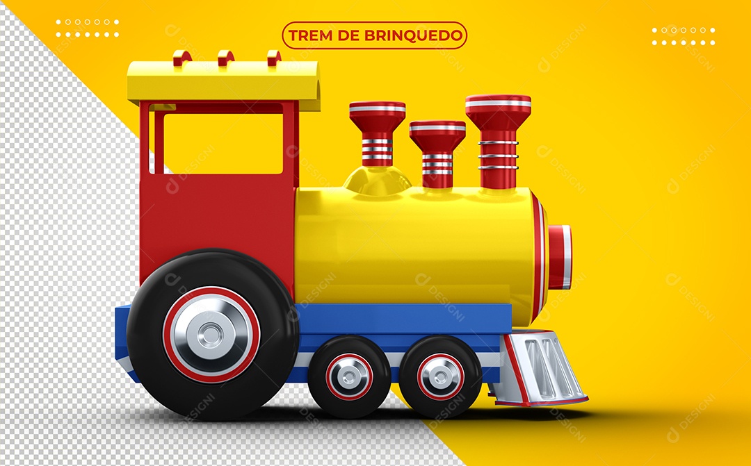 Trem de Brinquedo Vermelho Azul e Amarelo Ilustração 3D para Composição PSD