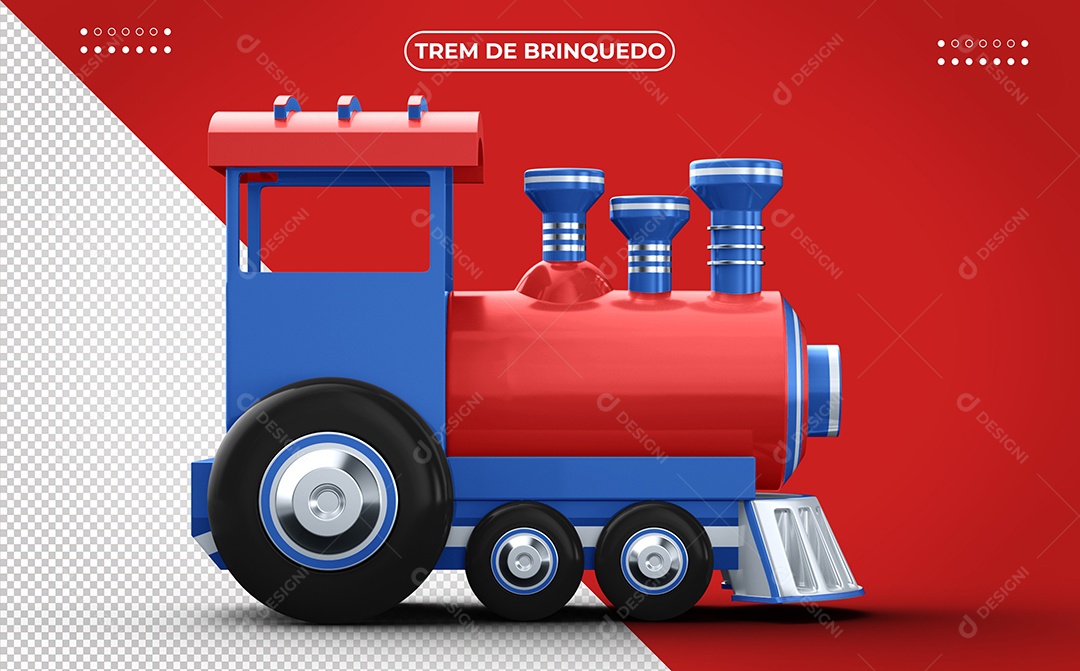 Trem de Brinquedo Vermelho e Azul Ilustração 3D para Composição PSD