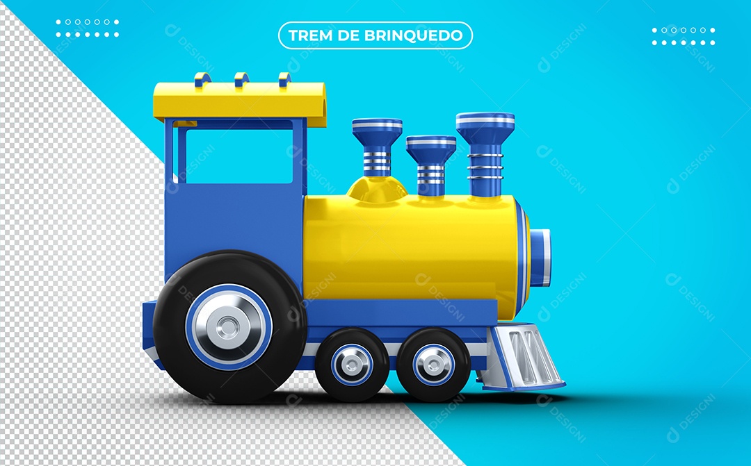 Trem de Brinquedo Amarelo e Azul Ilustração 3D para Composição PSD