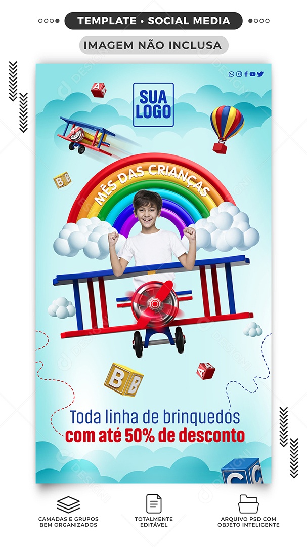 Story Mês das Crianças toda linha de brinquedos com até 50% de Desconto Social Media PSD Editável