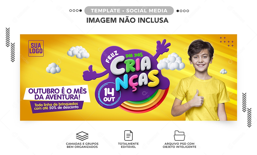 Banner Feliz Dia das Crianças Outubro é o Mês da Aventura com até 50% de Desconto Lojas Social Media PSD Editável
