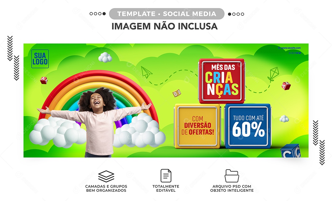 Banner Mês das Crianças tudo com até 60% lojas Social Media PSD Editável