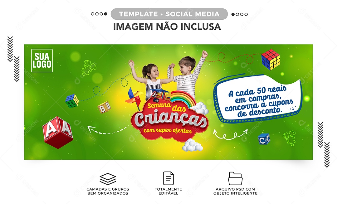 Banner Semana das Crianças com Super Ofertas Cupons Lojas Social Media PSD Editável
