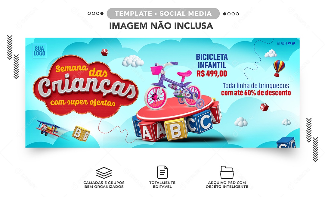 Banner Semana das Crianças com Super Ofertas Bicicleta Lojas Social Media PSD Editável