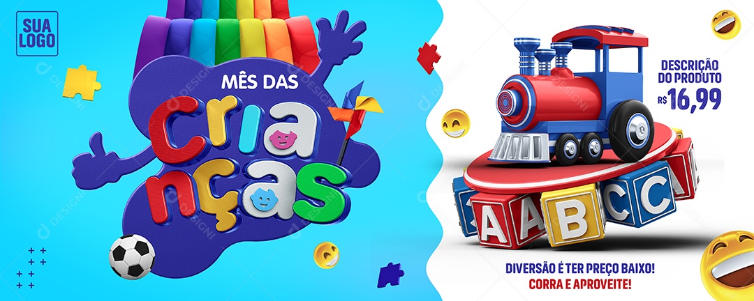 Banner Mês das Crianças Diversão é ter Preço Baixo Lojas Social Media PSD Editável